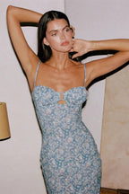 Blue Spaghetti Strap Bustier Cutout Paisley Print Bodycon Maxi Dress