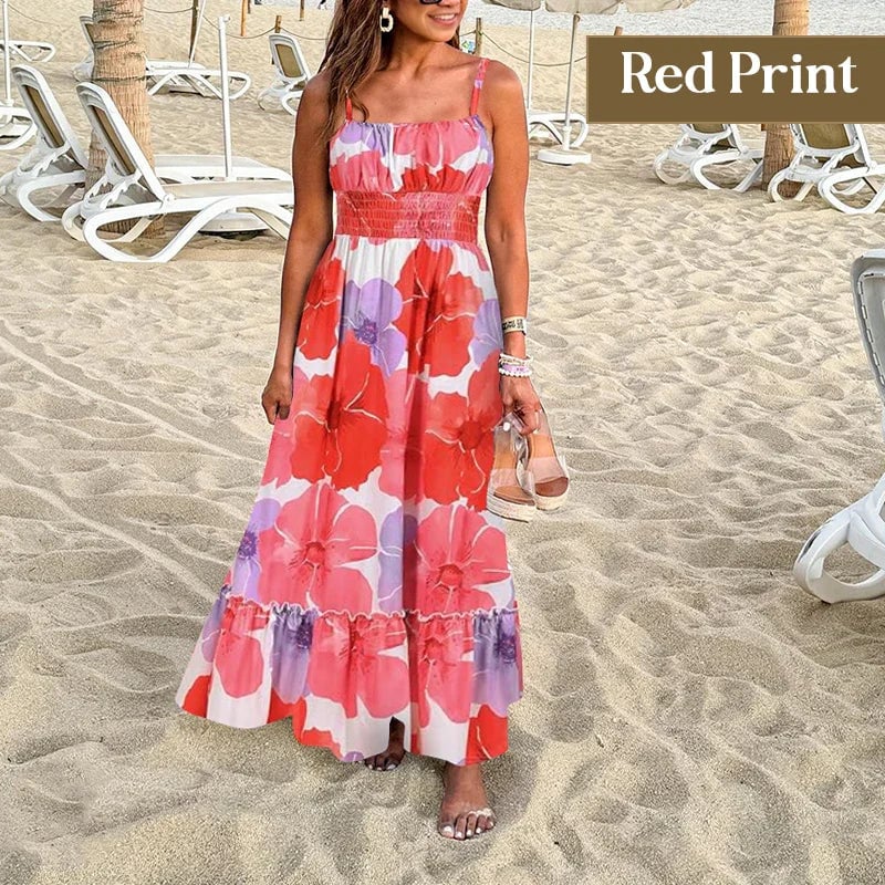 Floral Print Smocked Bodice Spaghetti Strap Tiered Maxi Dress