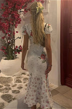 Chic Deep V Short Sleeve Slim Floral Dress
