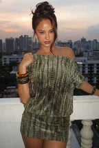 Green Off Shoulder Blouson Top Ruched Shibori Print Mini Skirt Set