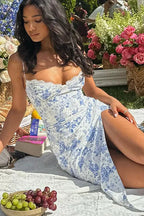 Floral Corset Sweetheart Lace Trim Spaghetti Strap High Split Midi Dress