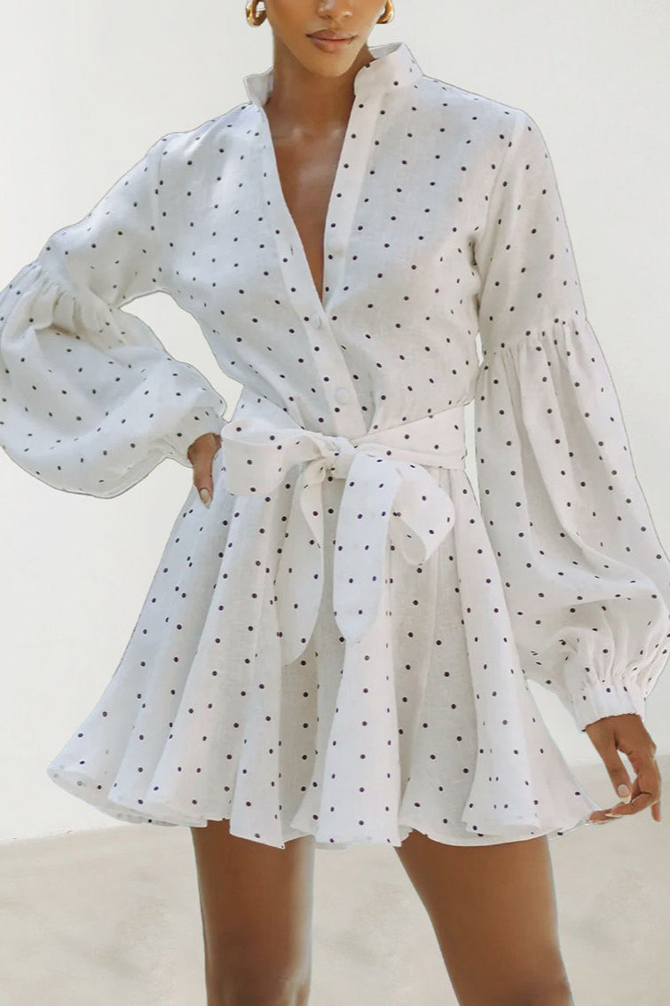 Polka Dot Puff Sleeve Stand Collar Button Front Tie Waist Mini Dress
