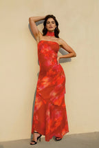 Strapless Floral Print Bodycon Matching Neck Wrap Maxi Dress