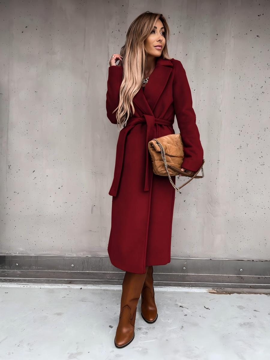 Solid Color Lapel Long Sleeve Woolen Simple Tie Coats