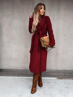 Solid Color Lapel Long Sleeve Woolen Simple Tie Coats