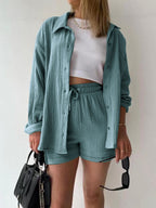 Long-sleeved Shirt And High-waisted Drawstring Shorts Casual Two-piece Set