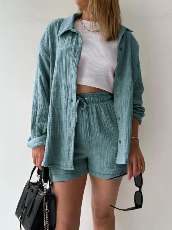Long-sleeved Shirt And High-waisted Drawstring Shorts Casual Two-piece Set