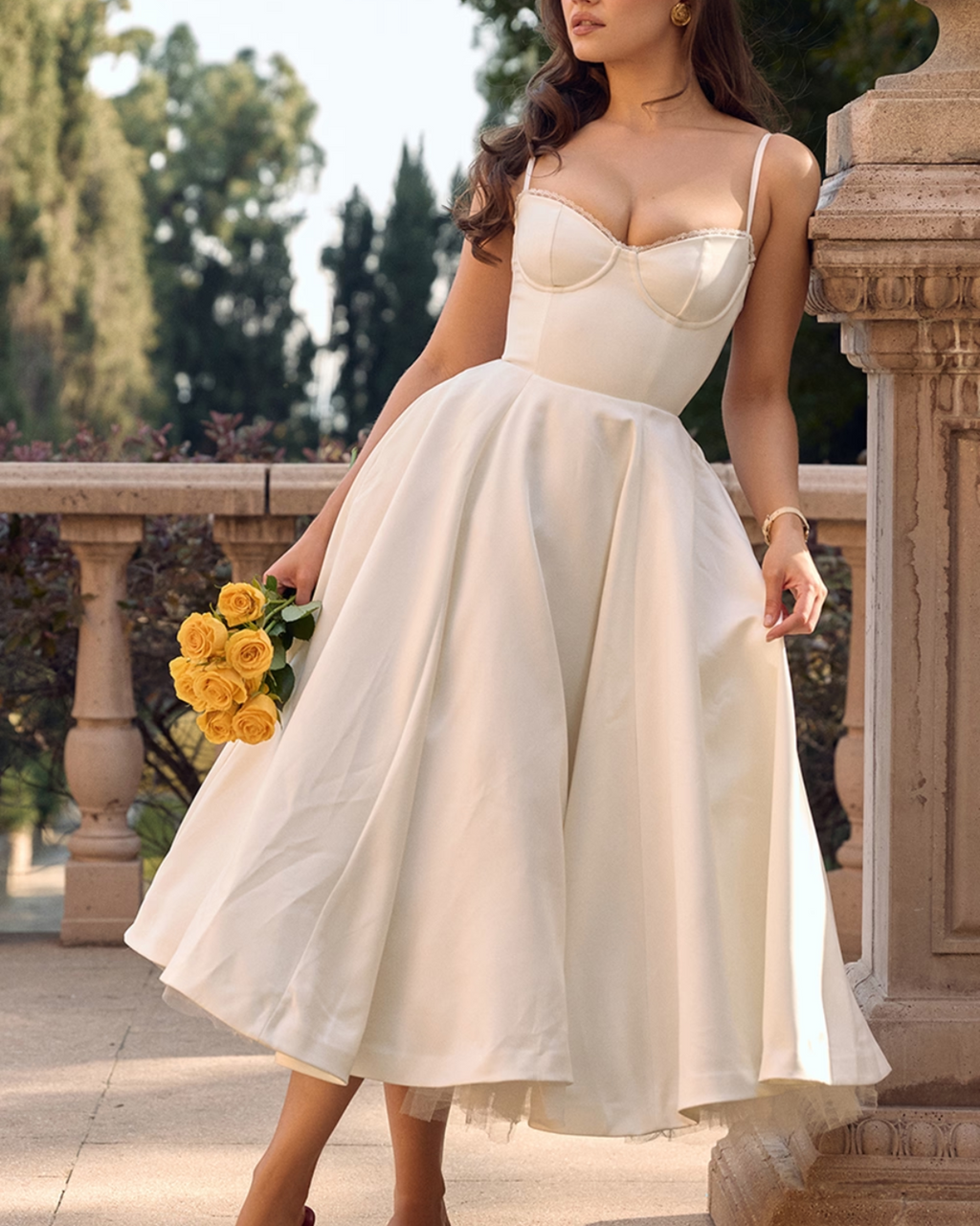 Lace Trim Corset Bustier Spaghetti Strap Pleated Pocket Tea Length Dress