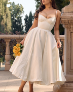 Lace Trim Corset Bustier Spaghetti Strap Pleated Pocket Tea Length Dress