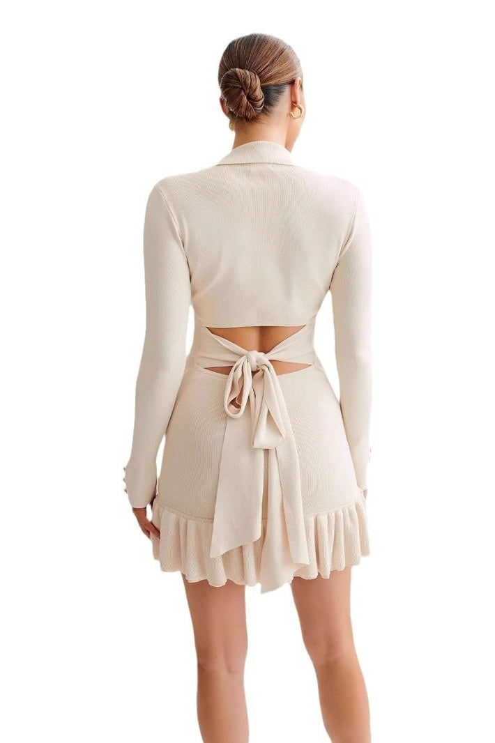 Rib Knit Contrast Collar Pearl Button Ruffle Hem Mini Dress