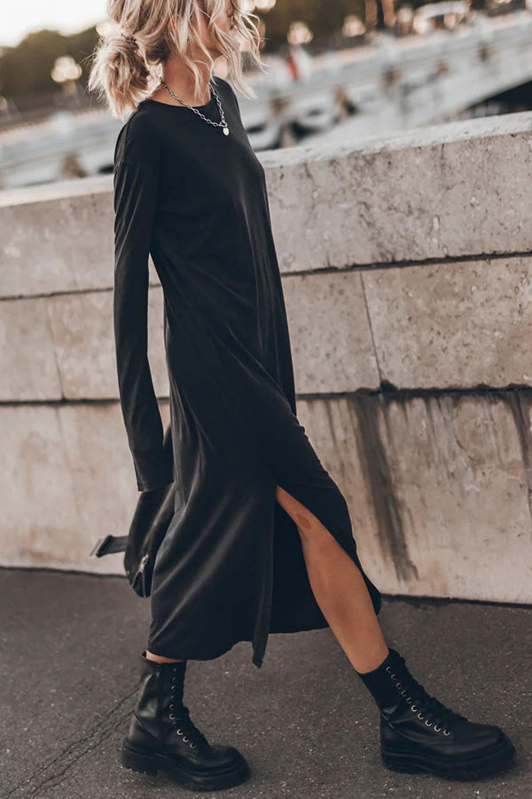 Round Neck Long Sleeve Relaxed Side Slit Maxi Dress