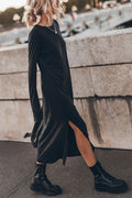 Round Neck Long Sleeve Relaxed Side Slit Maxi Dress