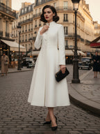 Vintage Stand-Collar A-line Woolen Flared Coat In White For Women 2026