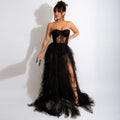 Lace Corset Tulle Dress with Strapless Design and Slit