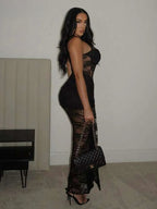Floral Lace High Neck Knot Waist Sheer Overlay Bodycon Maxi Dress