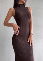 Mock Neck Ribbed Knit Sleeveless Bodycon Maxi Dress