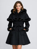 Faux Fur Trimmed Belted Wool Blend coat With Hooded Cape For Women 2026