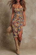 Unique Print Square Neck Spaghetti Strap Pleated Slim Fit Midi Dress
