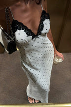Polka Dot Lace Trim Deep V-Neck Bow Spaghetti Strap Slip Midi Dress