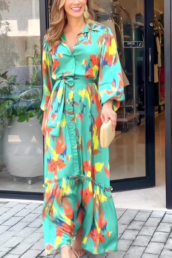 Abstract Brushstroke Print Collar Balloon Sleeve Tie Waist Tiered Maxi Dress