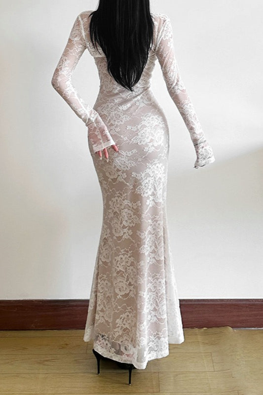 Floral Lace Square Neck Long Sleeve Ruched Mermaid Maxi Dress