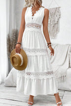 White Deep V Neck Swiss Dot Lace Panel Tiered Maxi Dress