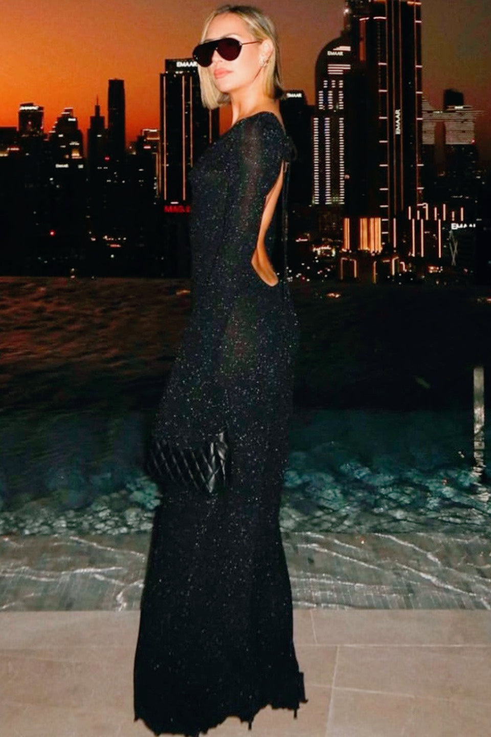 Glitter Deep V-Neck Lettuce Hem Long Sleeve Bodycon Midi Dress