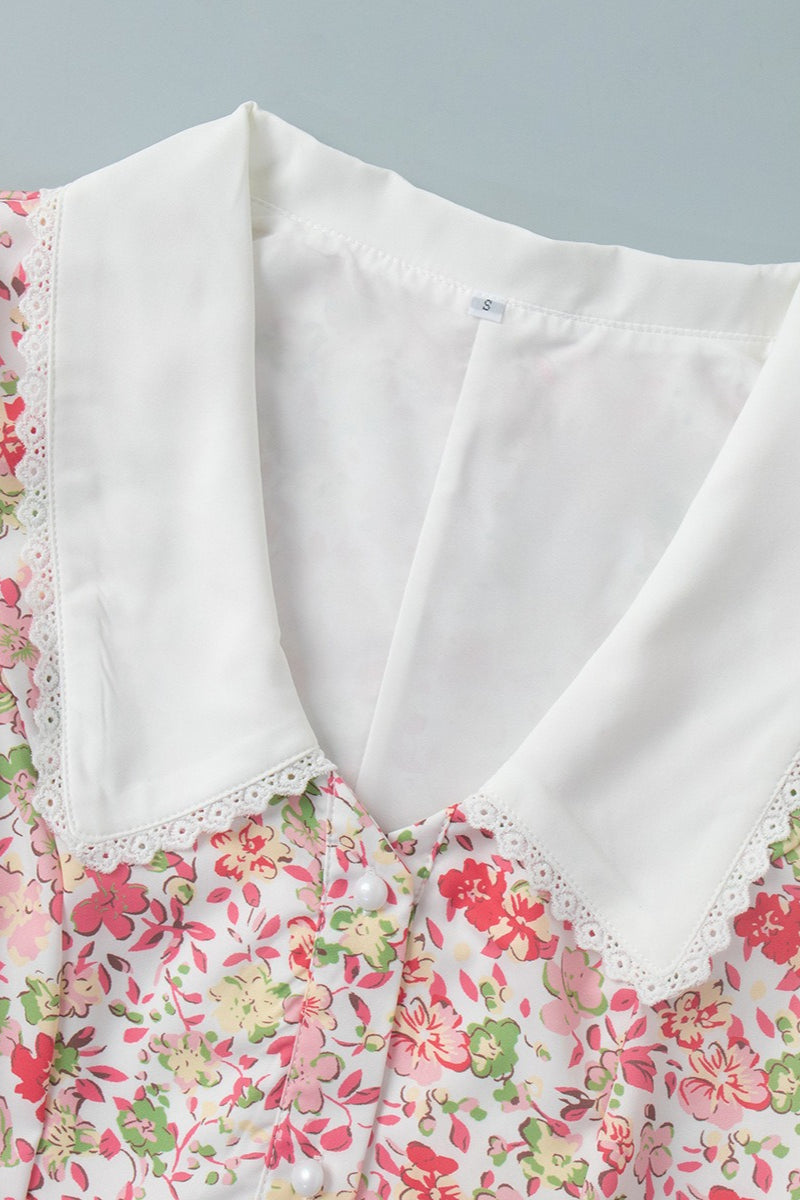 Pink Peter Pan Collar Puff Sleeve Button Front Pleated Ruffle Hem Floral Print Mini Dress