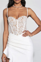 Lace Corset Sweetheart Spaghetti Strap Ruffle Trim High Slit Maxi Gown