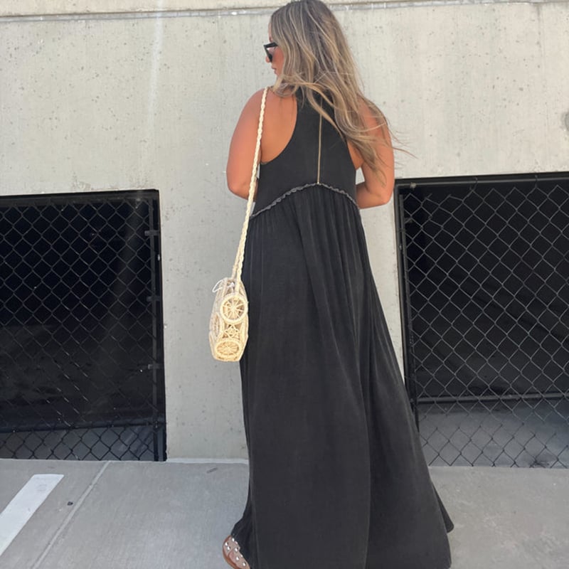 Crew Neck Tiered Seam Double Front Slit Sleeveless Maxi Dress