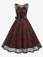 Retro Dress Green 1950s Style Two-Tone Sash Sleeveless V-Neck Medium Rockabilly Dress