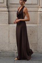 Brown Halter Backless Maxi Dress