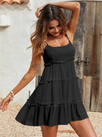 Flattering Tiered Ruffle Empire Waist Mini Summer Sundress - Black