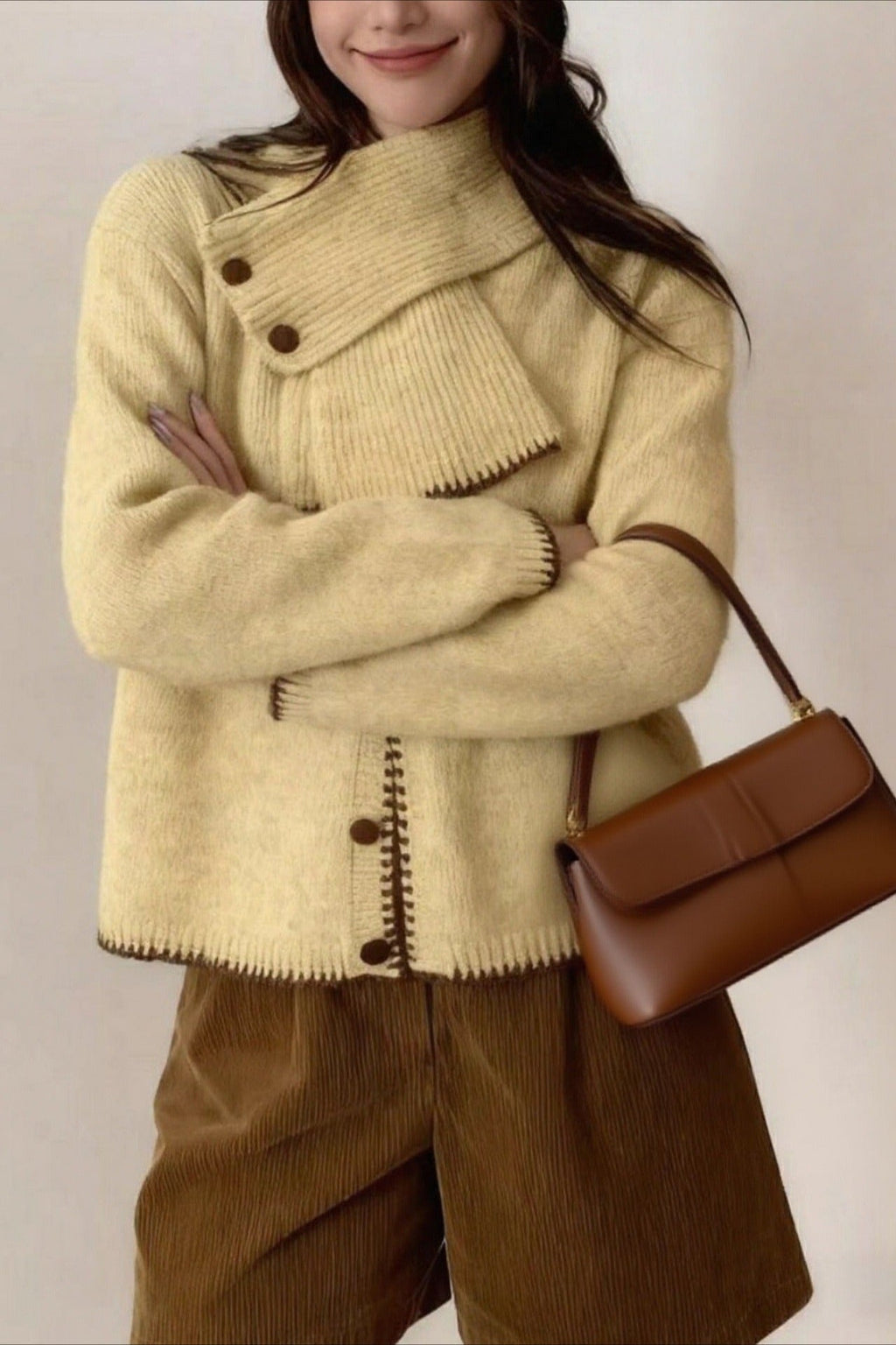 Color Block Cowl Neck Loose Knit Cardigan