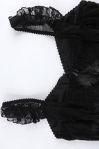 Black Square Neck Ruffle Trim Sheer Lace Ribbon Tie Maxi Dress