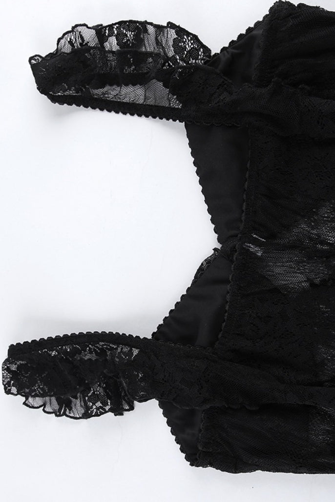 Black Square Neck Ruffle Trim Sheer Lace Ribbon Tie Maxi Dress