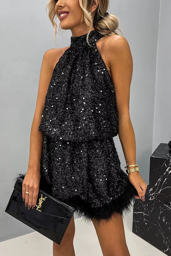 Sequin Halter Mock Neck Feather Trim Babydoll Mini Dress