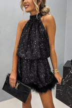 Sequin Halter Mock Neck Feather Trim Babydoll Mini Dress