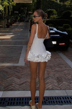 White Backless Ruching Hem Sleeveless Dress