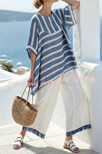 Linen Blend Unique Print Half Sleeve Top and Elastic Waist Pocket Loose Pants Set