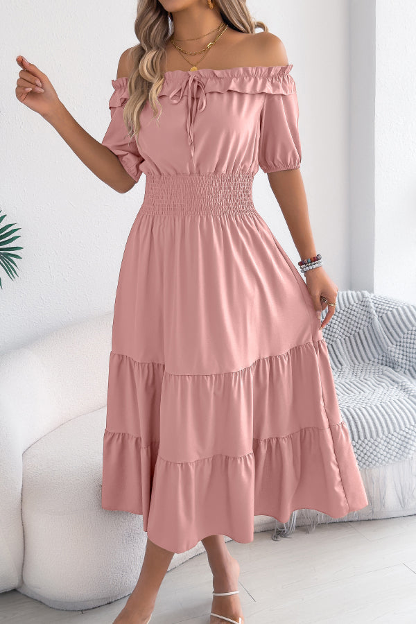 Stylish Off-shoulder Short-sleeved Pleated Waist Casual Midi Dress