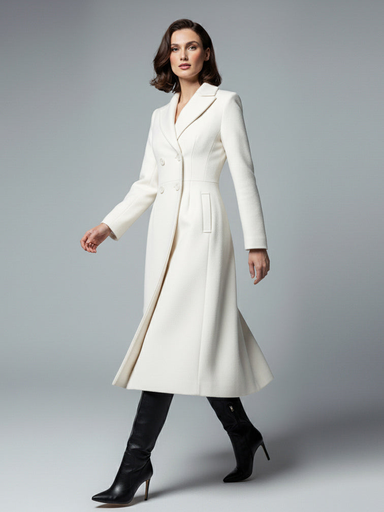 White Woolen Double-Breasted Midi Coat With Sharp Lapel And X-Line For Women 2026