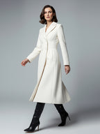 White Woolen Double-Breasted Midi Coat With Sharp Lapel And X-Line For Women 2026