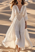 Crochet Lace Deep V-Neck Bell Sleeve Tiered Maxi Dress
