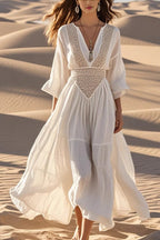 Crochet Lace Deep V-Neck Bell Sleeve Tiered Maxi Dress