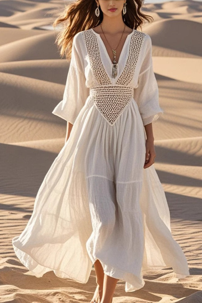 Crochet Lace Deep V-Neck Bell Sleeve Tiered Maxi Dress