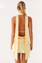 Satin Plunging V-Neck Halter Scarf Strap Backless Mini Dress