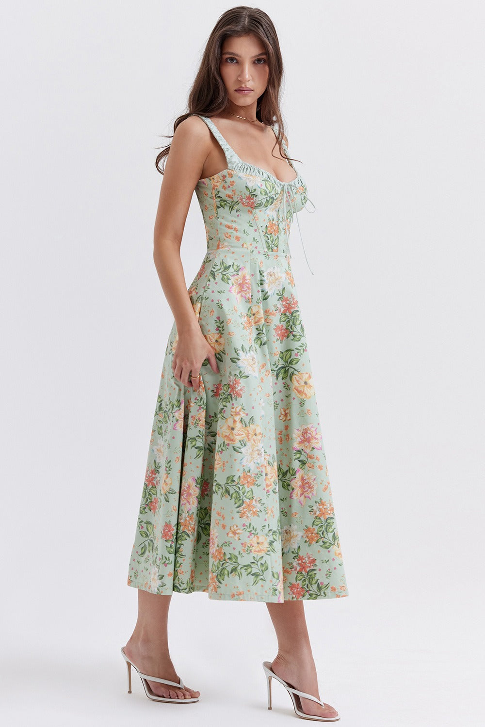 Strap Slit Fit Flare Floral Dress