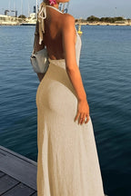 Halter Deep V-Neck 3D Floral Applique High Split Knit Maxi Dress