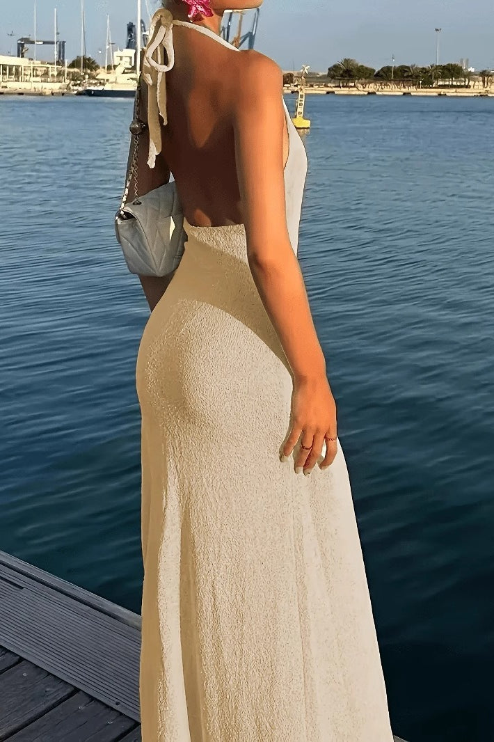Halter Deep V-Neck 3D Floral Applique High Split Knit Maxi Dress